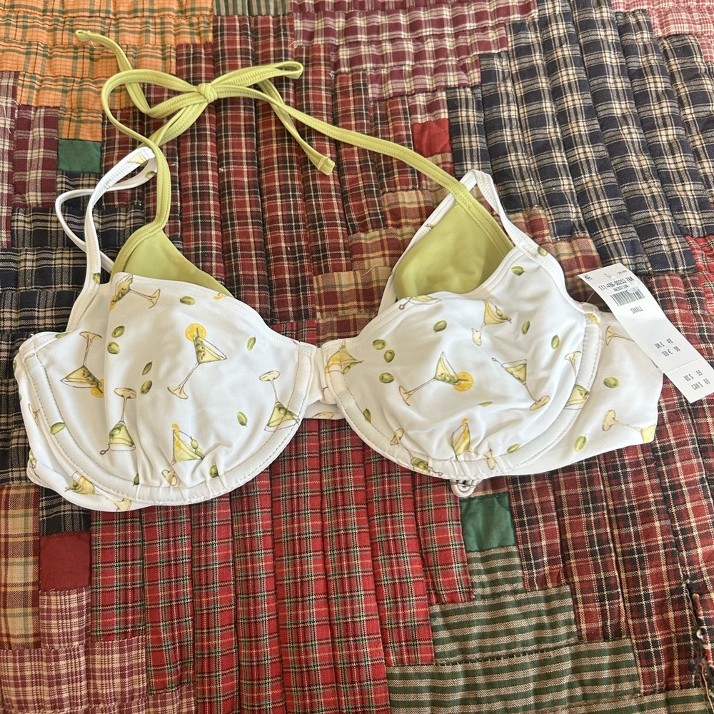 Abercrombie & Fitch White Bikini Top with Lime Green Cocktail Print